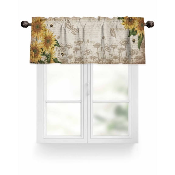 Yellow Farmhouse Sunflowers Kitchen Valances for Windows Leaves Bee Butterfly Valance Curtains for Kitchen /Living Room/Bedroom/ Bathroom Decor, 42"x12 " ,Rod Pocket 1 Panel,