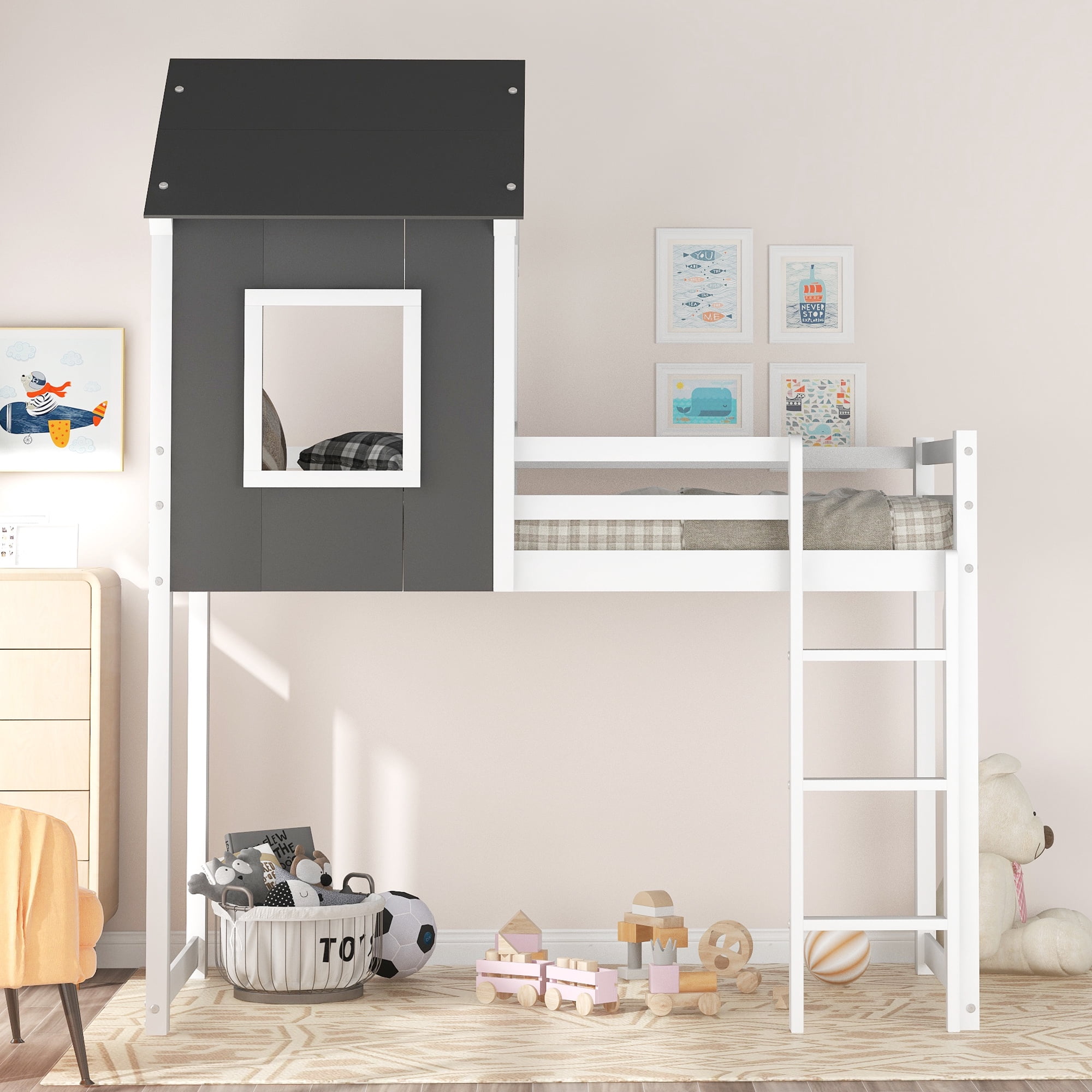 Twin over Twin Low Bunk Bed, Loft House Bed with Roof, Front Window, Ladder, Fence-shaped Guard Rail, Pine Floor Bunk Bed for Kids, Bedroom, Apartments, No Box Spring Needed