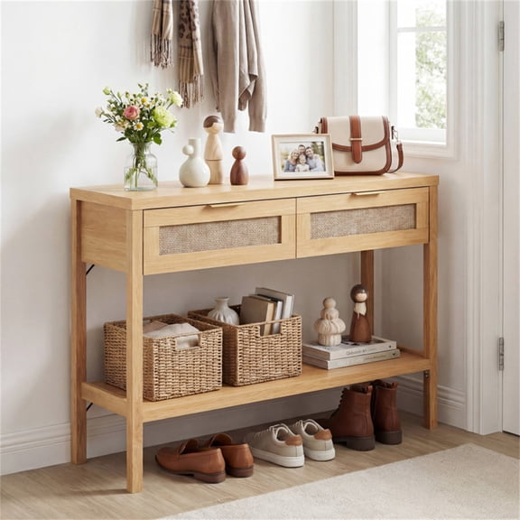 40 Inch Console Table with Storage Drawers and Bottom Shelf Sturdy PE Rattan Foyer Table for Hallway Living Room Entryway