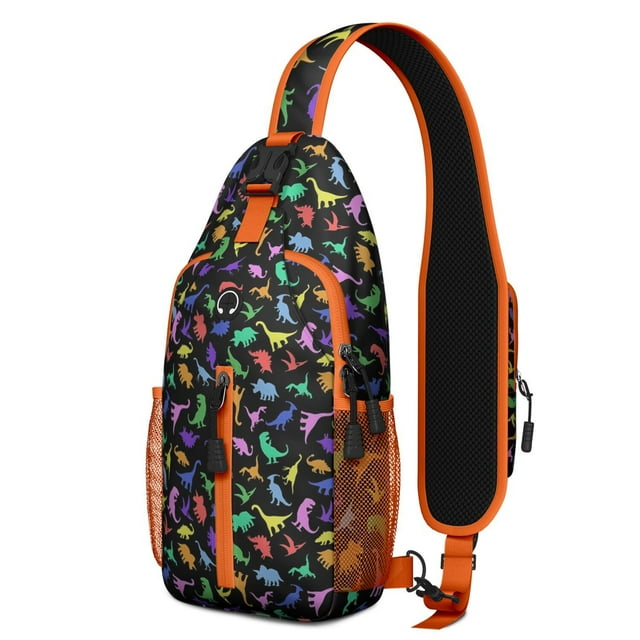 Dino Pattern Sling Backpack – Funny Cartoon Dinosaur World Purse – Cute Colorful Shoulder Bag Gift for Men and Dino Fans