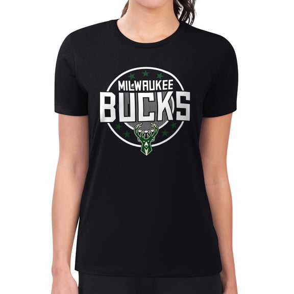 Women's G-III 4Her by Carl Banks Black Milwaukee Bucks Super-Slim Lightweight Pinstripe Circle Graphic T-Shirt