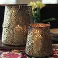 thumbnail image 2 of Grand Tour Temple Bell Lanterns, Set of 2, Lattice Lace Pattern, Hurricanes, Gold Finish, Iron, 8.75 and 6 Inches, Loop Handles, Removable Inner Glass Sleeve, 2 of 6