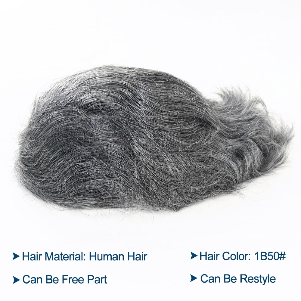 Hair Replacement System for Men Fine Mono with Poly PU Men's Toupee Wigs Human Hair 50% 1B OFF Black with 50% Synthetic Grey White Hair Toupee 10x8 Inch