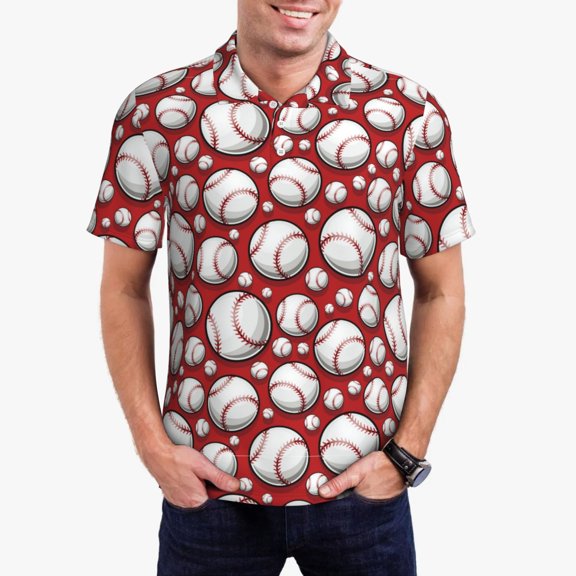 Logiee Cute Baseball Print Mens Polo Shirts,Mens Golf Polo Shirts,Short Sleeve Casual Polo Shirts for Men,Summer Fashion Beach Shirts-Small