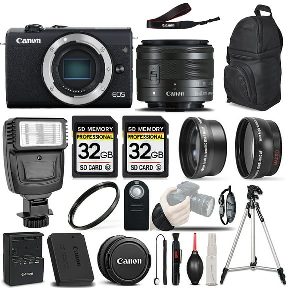 Canon EOS M200 Digital SLR Camera   Canon EF-M 15-45mm f/3.5-5.6 IS STM Lens - 3 Lens Kit   64GB Storage   Pro Flash - All Original Accessories Included -  (International Version)