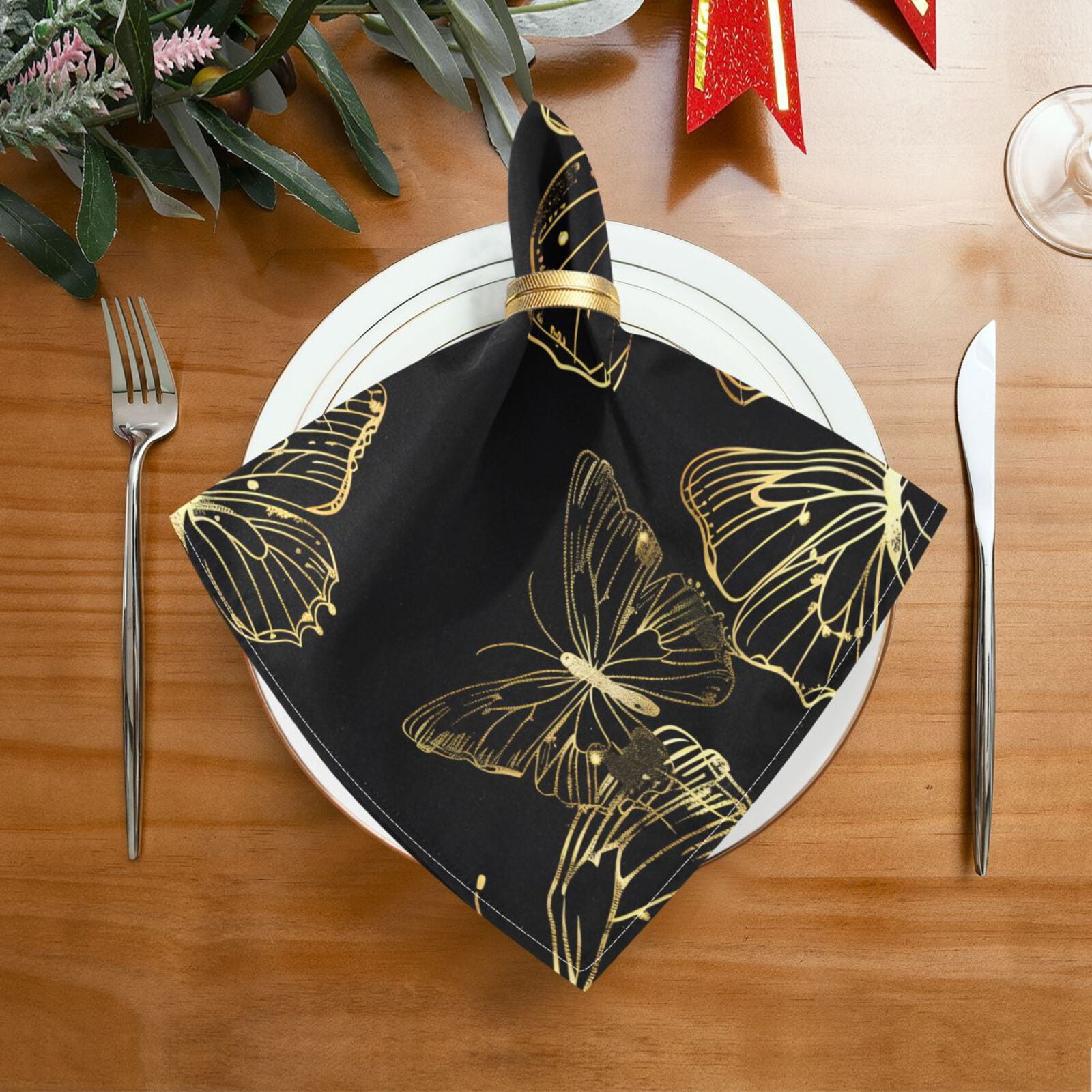 JSTEL Gold Butterfly Cloth Napkins Set of 6, 20x20 Inch Washable and Reusable Napkin for Decoupage Dinner Party Everyday Use