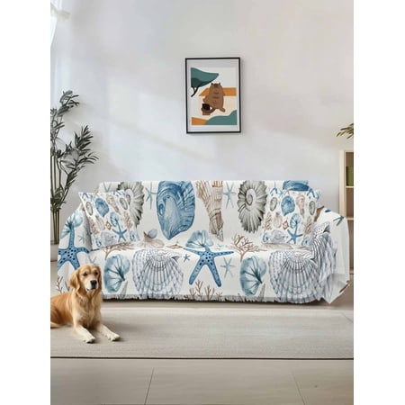 Blue Beige Coastal Couch Cover Summer Beach Starfish Shell Nautical Sofa Cover Blanket for Loveseat Couches Sectional Sofa Slipcover Furniture Protector for Living Room Bedroom 71 x118