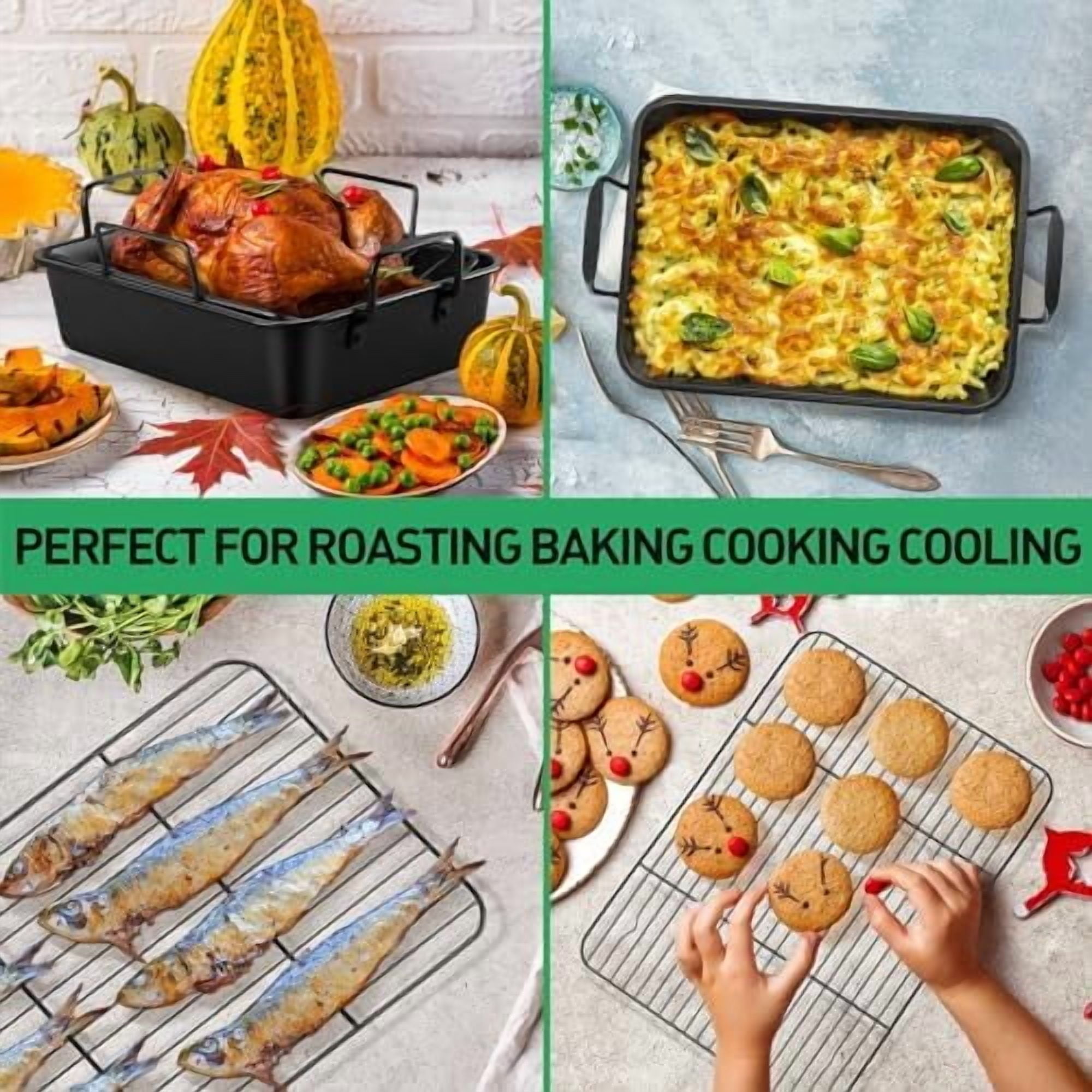 14" Roaster Roasting Pan with Baking Rack and V-shaped Rack, Stainless Steel Rectangular Lasagna Pan with Handles for Turkey Chicken, Healthy & Dishwasher Safe, 3 Pieces, Black
