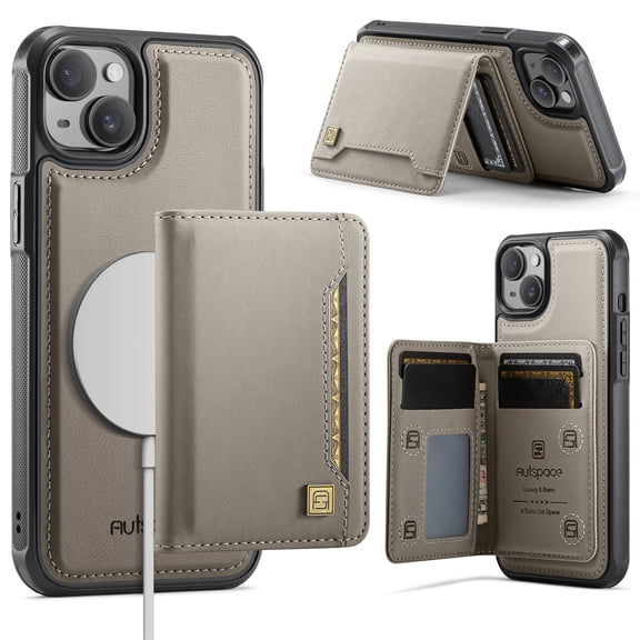 Wallet Case for iPhone 15,Compatible with MagSafe for Men Women,Detachable Magnetic Wallet Phone Case with Card Holder,Kickstand,PU Leather Shockproof Anti-fall Phone Case,Gray