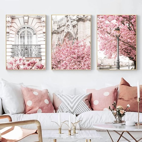 3pcs Set, Pink Cherry Blossom Spring Landscape Canvas Art Prints, Romantic Rose Peony Wall Decor, Art Deco Modern Contemporary Style, Fashion Themed, Frameless Transverse Orientation, Indoor Artwork