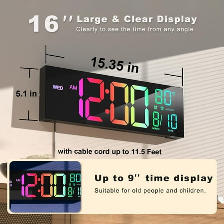 16 Large Digital Wall Clock with LED Display, Countdown Timer, Alarm, RGB Light, DST & Temperature - Black