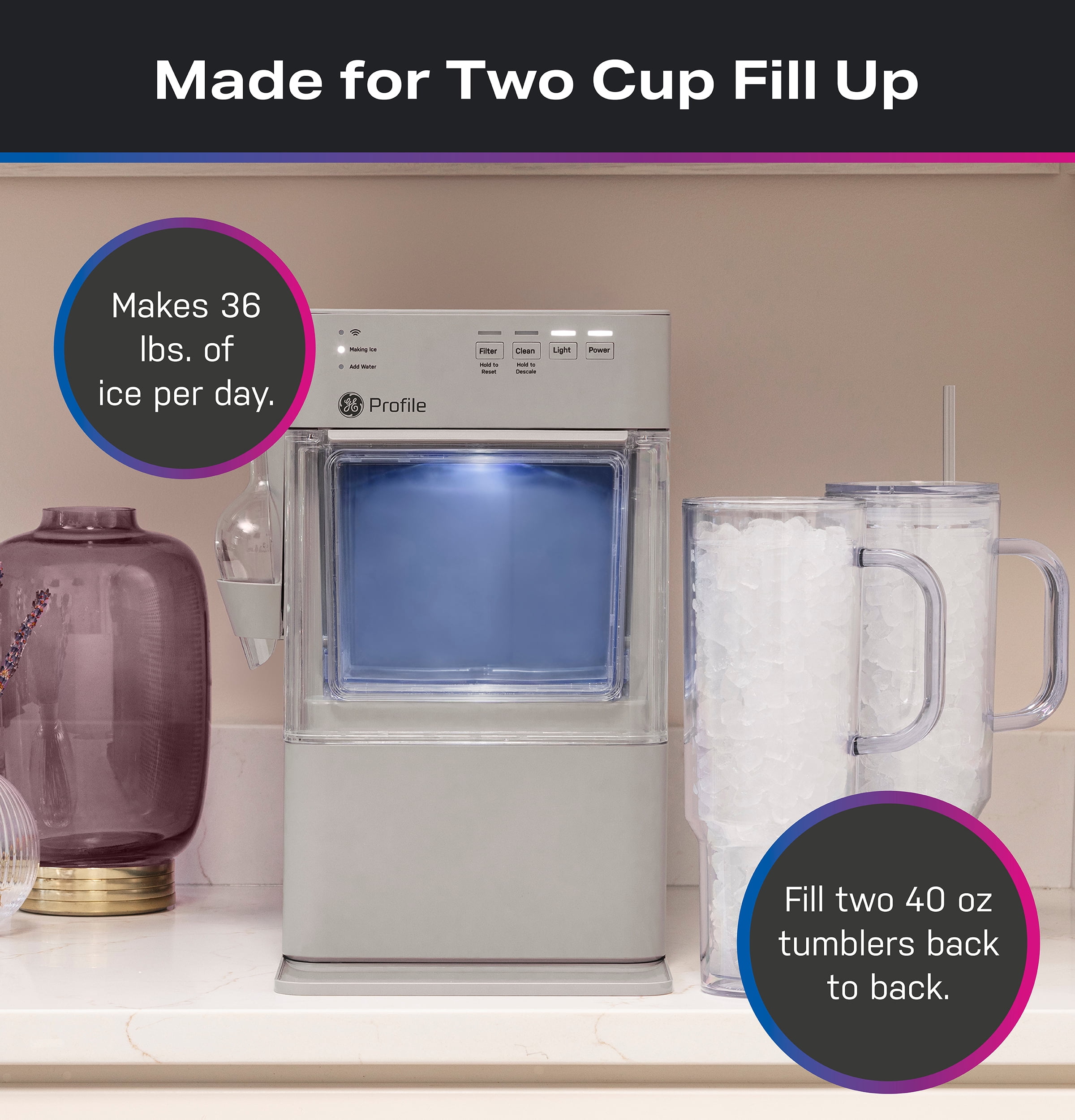 GE Profile Opal Mini Countertop Nugget Ice Maker WiFi Connected Auto Clean Stone Grey