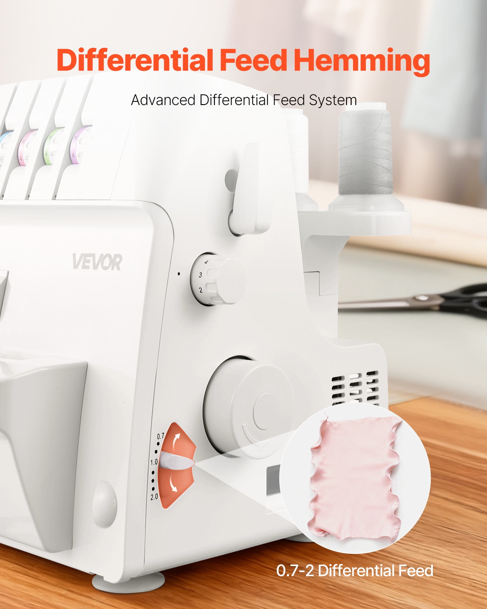 VEVOR Serger Overlock Sewing Machine, 1250 Stitches Per Minute, 2-3-4 Thread Capability, 0.7-2 Adjustable Differential Feed, with Free Arm and LED Light, Sewing Machine for Various Fabrics, White
