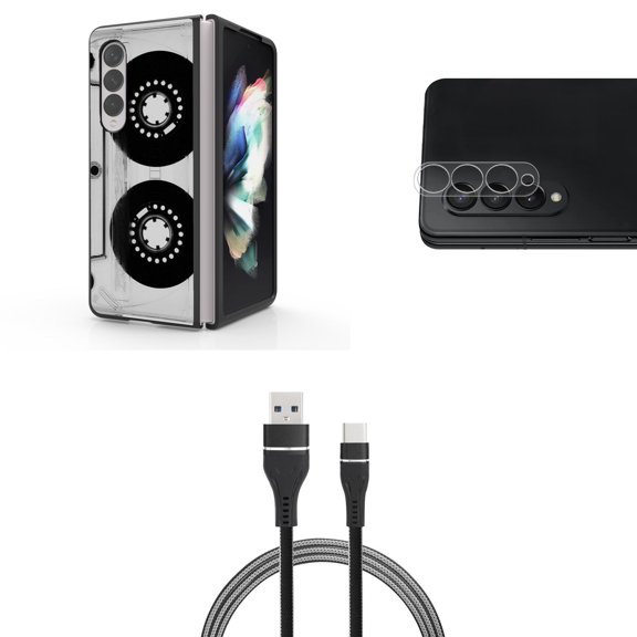 Accessory Bundle for Galaxy Z Fold 4: Slim Snap-On Case (Retro Cassette Tape), Rear Camera Glass Protector, Nylon Braided USB-C to USB-A Cable (3 Feet)