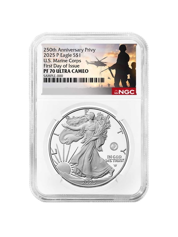 2025-P $1 1-oz Proof American Silver Eagle Marine Corps Privy NGC PF70UC FDI Military Label 250th Anniversary