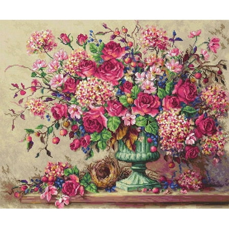 UPC: 4840746045110 | Counted Cross Stitch Kit Collete’s Collection Leti980 Needlework Red Pink Flowers Green By LetiStitch Canvas Green