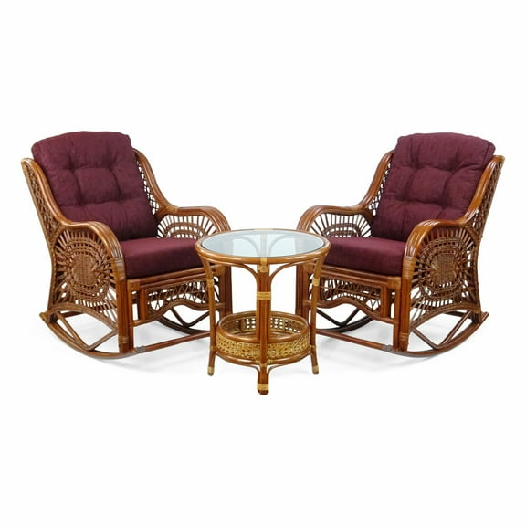Malibu Handmade Natural Rattan Living Room Set of 2 Rocking Lounge Chairs with Dark Brown Cushions and Round Coffee Table with glass Colonial (Light Brown Color)