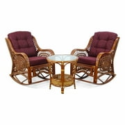 Malibu Handmade Natural Rattan Living Room Set of 2 Rocking Lounge Chairs with Dark Brown Cushions and Round Coffee Table with glass Colonial (Light Brown Color)