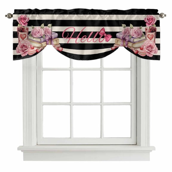 Pink Rose Tie Up Valance Curtains for Windows, Kitchen Curtains Window Treatments, Books Cake Wine Black Beige Striped Short Window Shades Valances for Bedroom Bathroom Cafe 42"x12"