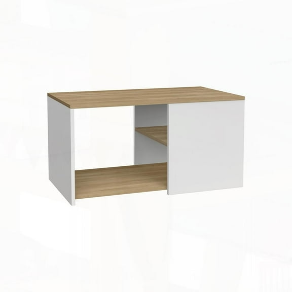 Durable Engineered Wood Coffee Table with 2 Shelves for Small Spaces | White/Natural Oak
