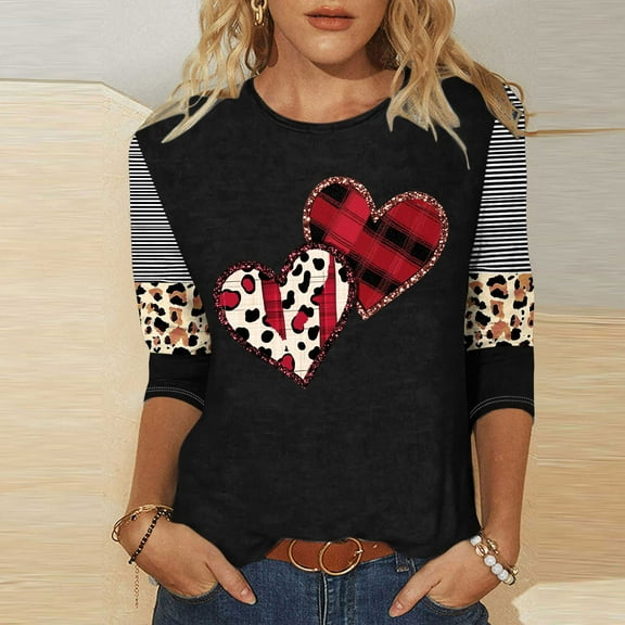 VKOYWKM Womens Valentine's Day T Shirts 3/4 Sleeve T-Shirts Love Heart Graphic Tees Casual Spring Tops Hoiday Crew Neck Loose Fit Valentine T-Shirts