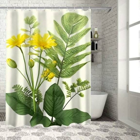 Pratyus Yellow Flower Green Leaves Plant Shower Curtain Set with Hooks, Waterproof Kids Bathroom Decor, Polyester Fabric Bath Curtain for Bathroom Decoration, Various Sizes 36"x72
