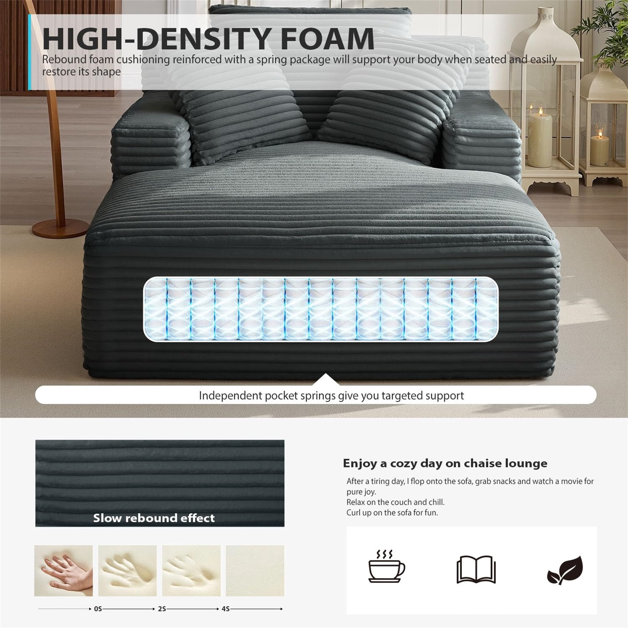 Aukfa 65" Oversized Chaise Lounge Indoor Chair Boneless Sofa Couch for Living Room, 3Pillows, Corduroy, Dark Gray