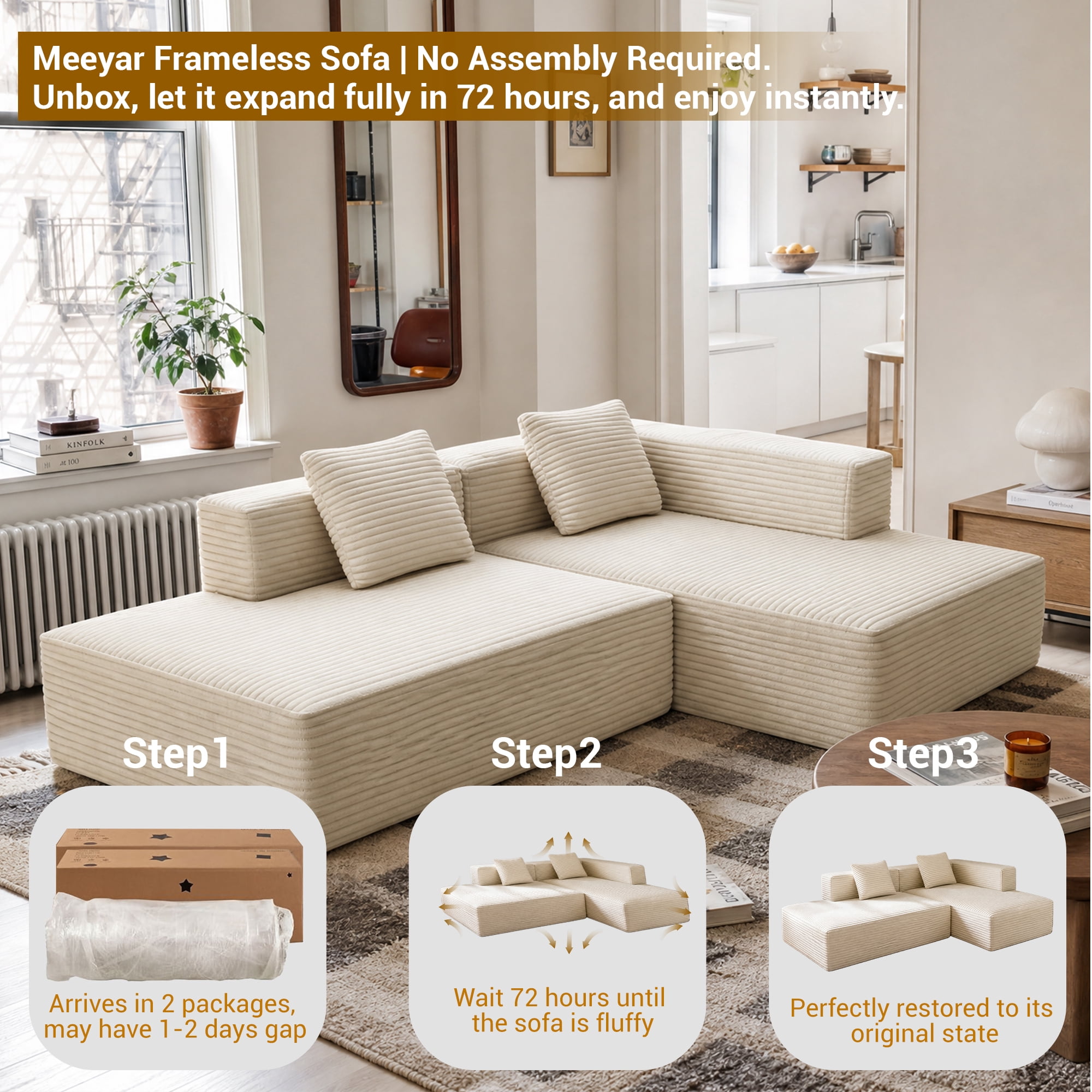 Meeyar 91" Boneless Modular Sectional Sofa with L Shaped Chaise, Cloud Couch for Living Room, Beige