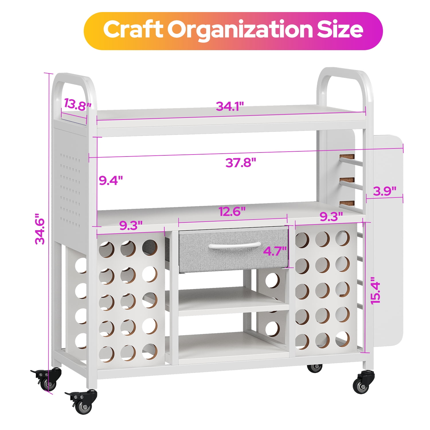 Large Rolling Craft Organization and Storage Cart with Vinyl Roll Holder & Hooks, Mobile Craft Organizer Workstation Compatible for Cricut Machines, Sewing Cricut Stand, Craft Room Storage Cabinet