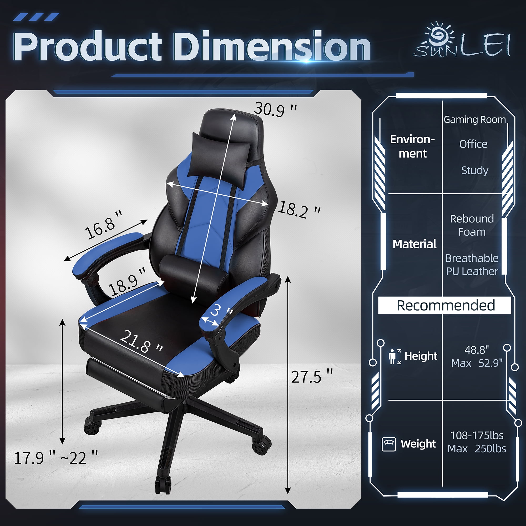 Walsunny Ergonomic Gaming Chair with Adjustable Footrest and Massage Leather Game Chair large gaming chair with Headrest and Lumbar Support for Adults, Blue