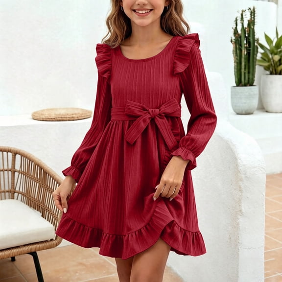QSAWXQZ Girls' Long Sleeve Dress Crew Neck Ruffle Trim Tie Waist A Line Mini Dress for Fall Winter 11-12 Years