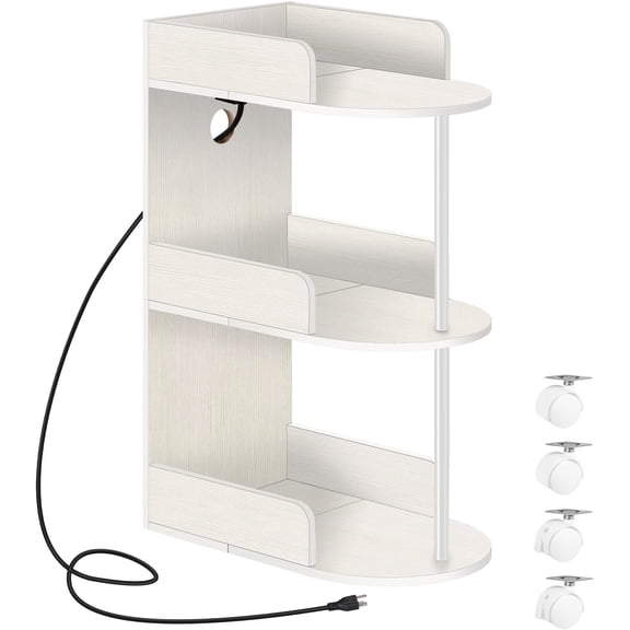 White Night Stand with Charging Station,3-Tier Narrow Side Table with Edge Protection,2 USB Ports and Outlets,Bed Side Table with Wheels for Small Spaces/Bedroom/Living Room/Office