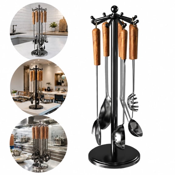 Stainless Steel Rotatable Kitchen Countertop Utensil Holder with 8 Hooks, Black Cooking Utensil Organizer Hanging Rack for Spatula Spoon