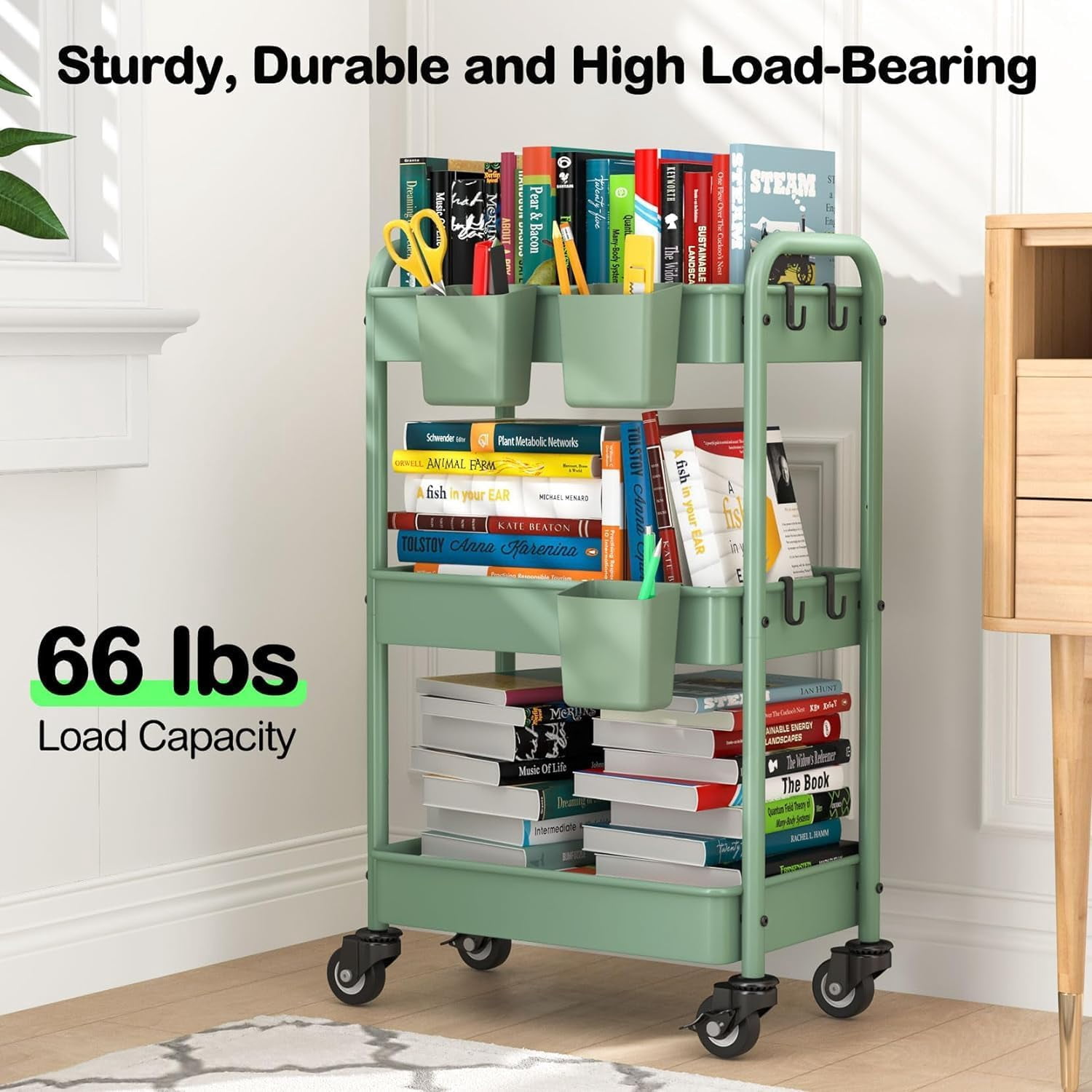 3-Tier Rolling Cart, Green, 66 Pounds Capacity, Mesh Storage Organizer with Lockable Wheels, 3 Hanging Cups, 4 Hooks, Easy Assembly, for Kitchen, Bathroom, Laundry, Grocery