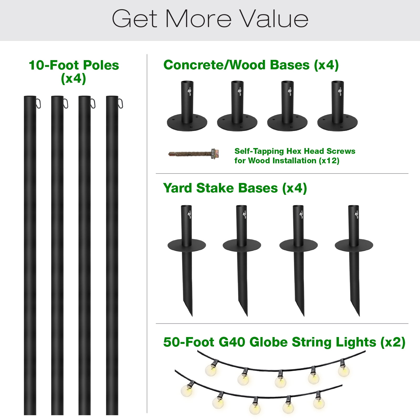 EXCELLO GLOBAL PRODUCTS Outdoor Bistro String Light Poles, 4 Pack, Extends to 10 ft, Universal Mounting Options Included with 100 ft. of G40 LED Lights (100 Lights)