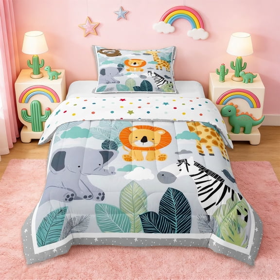 Erosebridal Zoo Animal Lions Twin Comforter Sets,Tropical Botanical Monstera Leaf Bedding Set For Boys Teens, Reversible 2pcs