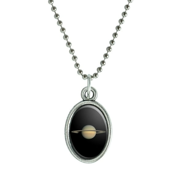Planet Saturn with Rings Solar System Antiqued Oval Charm Pendant with Chain