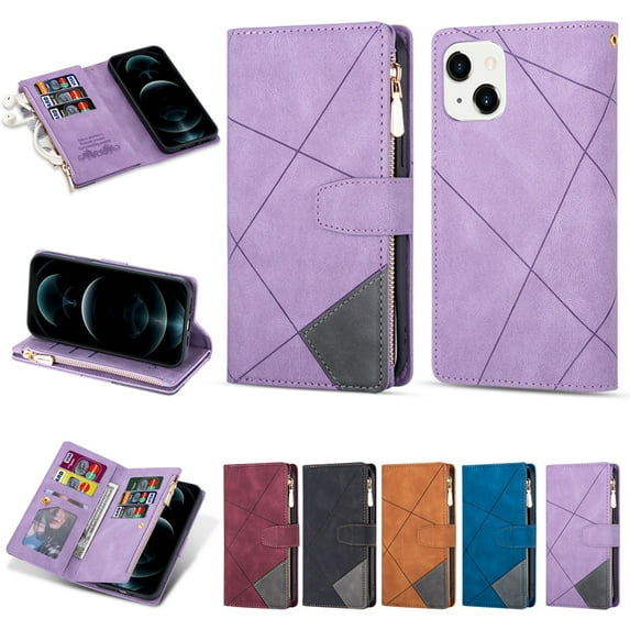 SaniMore for iPhone 14 Plus Case with Card Slot, Line Stitching Metal Button Zipper Wallet PU Leather Cover with Folio Flip Kickstand + Hand Strap Shockproof Protective Shell, Purple