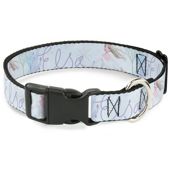 Disney Pet Collar, Dog Collar Plastic Buckle, Frozen Elsa Snowflake Pose with Trees and Script Blues, 7 to 8.5 Inches 0.5 Inch Wide