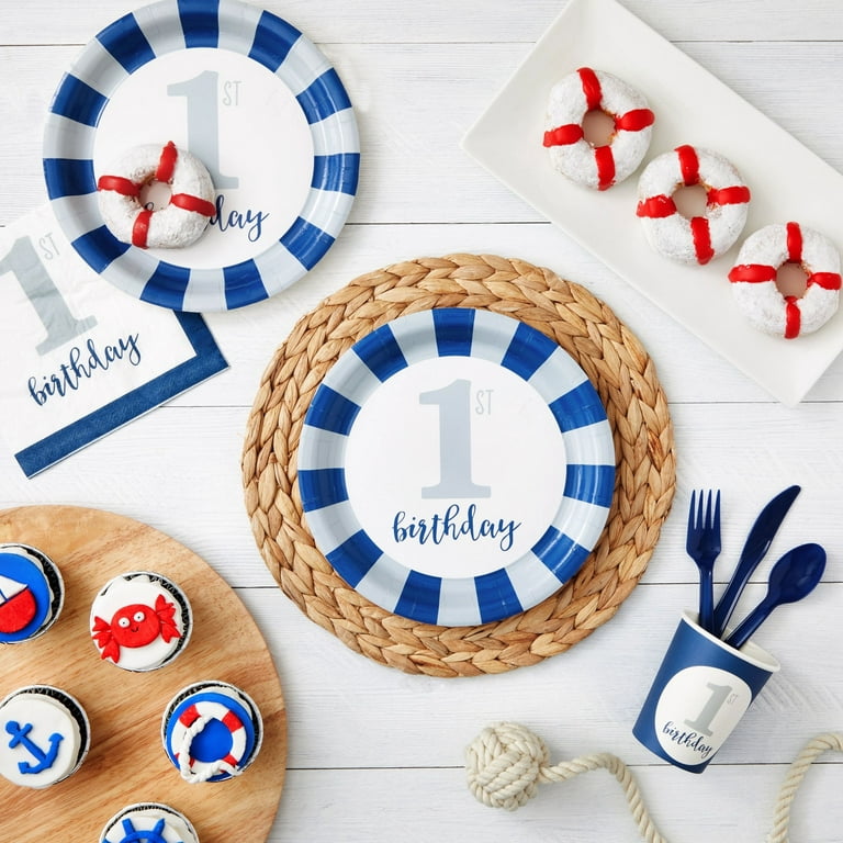 144-Piece Baby First Birthday Decorations for Boy, 1st Birthday Theme Party  Supplies with No 1. Plates, Napkins, 9oz Cups, and Cutlery, Nautical Blue  Color (Serves 24) 