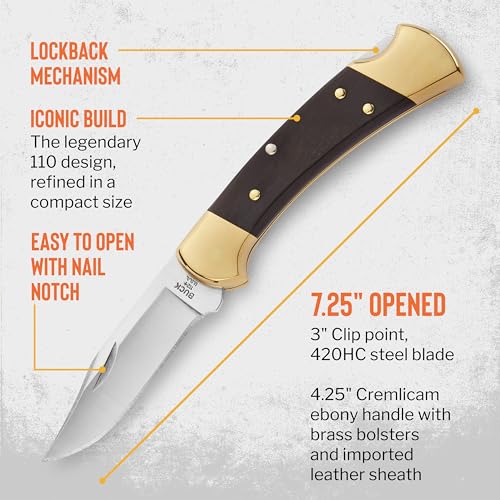 Buck Knives 112 Ranger Hunting Knife, 3" Folding Knife Blade, Ebony/Brass Handle, 5.6 oz