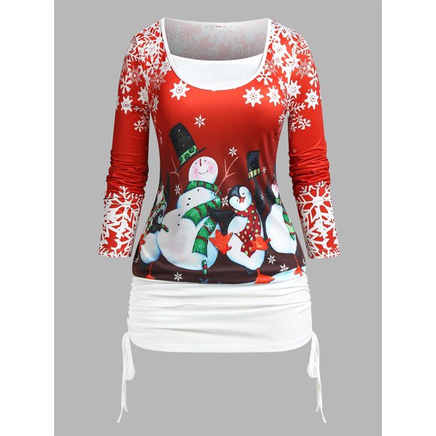 Camiseta Navideño Talla Extra Estampado Muñeco de Nieve Rosegal Mangas largas de talla grande
