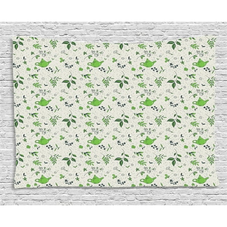 Green Tea Room Jasmine Tapestry, Exotic Herbal Tea Concept Green Tea and Jasmine Leaves, Wall Hanging for Bedroom Living Room Dorm Decor, 60W X 40L Inches, Eggshell Pale Green and Dark Green, by Ambesonne ()