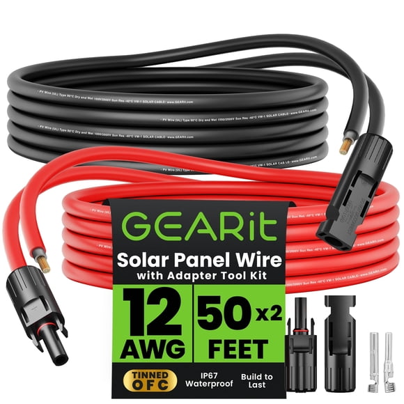 GearIT 12AWG Solar Extension Cable (50FT Black - 50Ft Red) Male to Female Solar Connectors with Adapter Tool Kit, Solar Panel Renewable Energy, 12 Ga