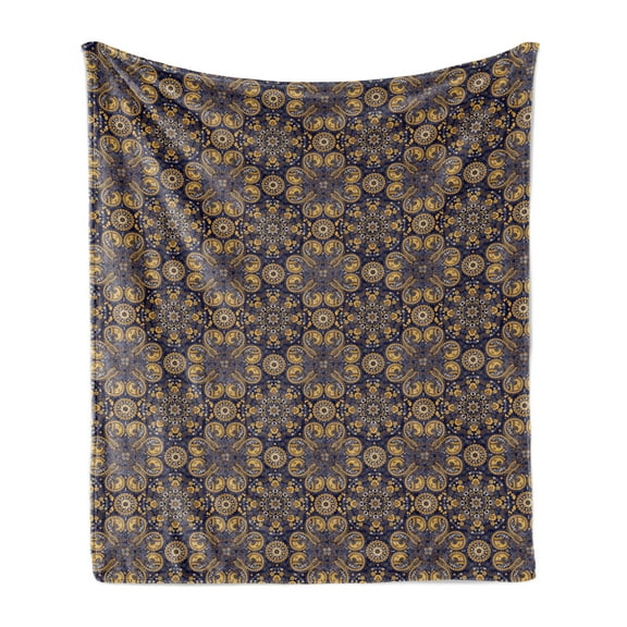 Mandala Soft Flannel Fleece Throw Blanket, Eastern Revival Curlicues Leaves and Rich Flora, Cozy Plush for Indoor and Outdoor Use, 60" x 80", Earth Yellow Indigo, by Ambesonne