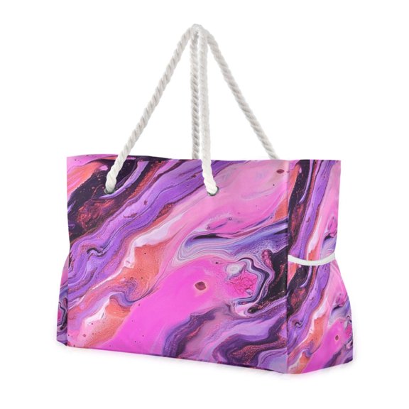 Nylon Beach Tote Bag 20.5"x15" Lightweight Carryall for Pool, Travel & Baby Essentials Pink and Purple Fluid Pattern