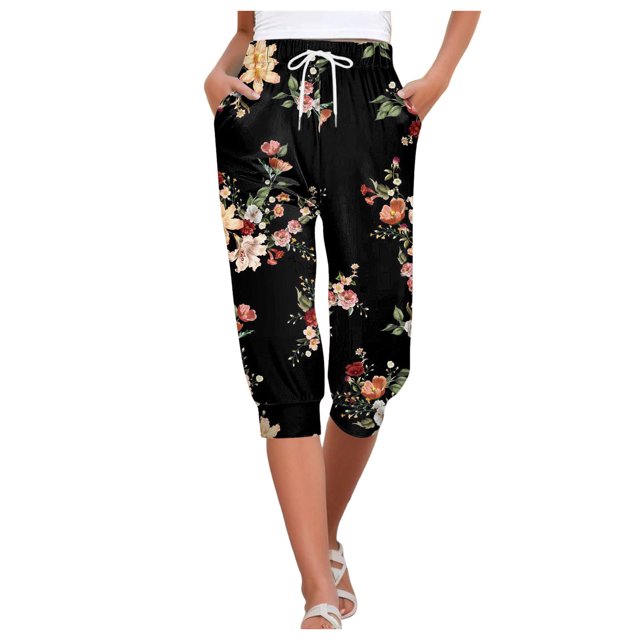 YDLCAFD Capris For Women Print Pants Bottom High Waist Drawstring Joggers