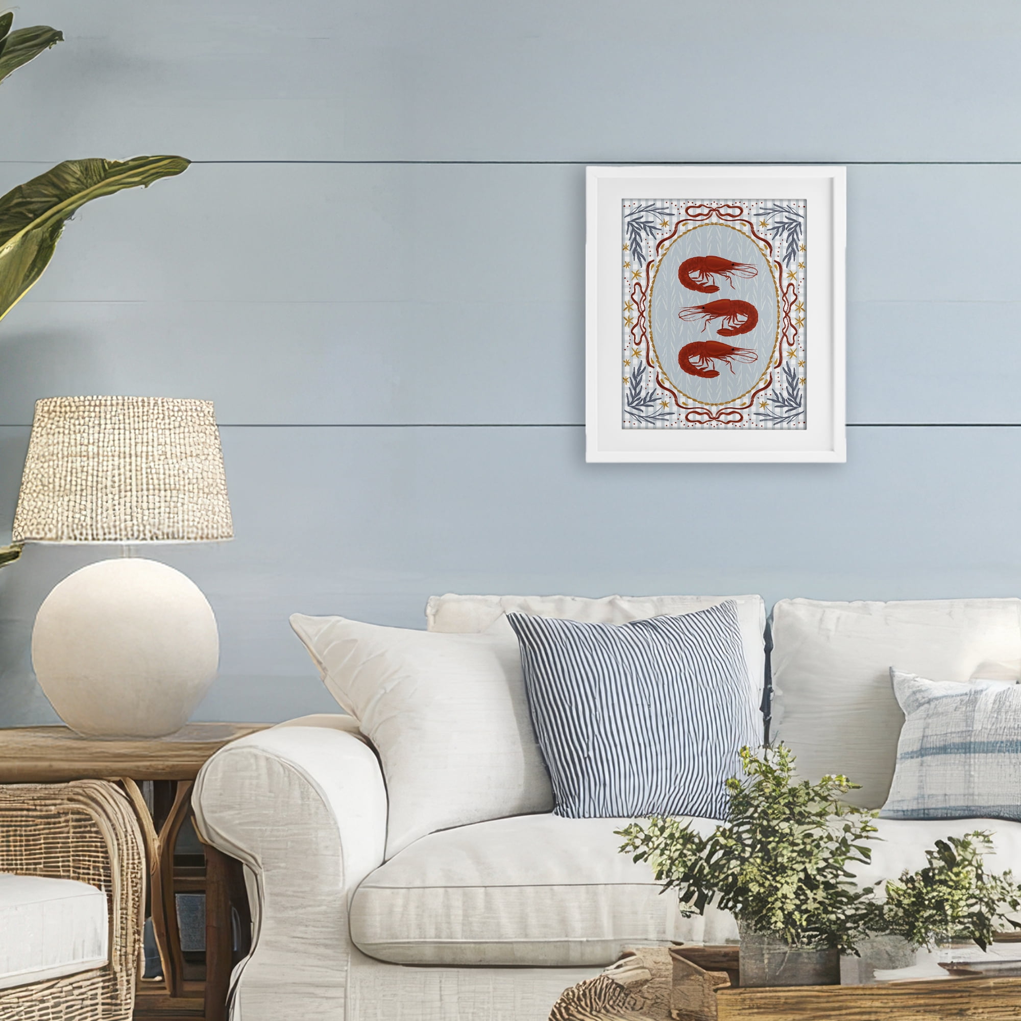 Stupell Industries Three Red Prawns on Gingham White Framed Print Under Glass, design by Vero Illustrates