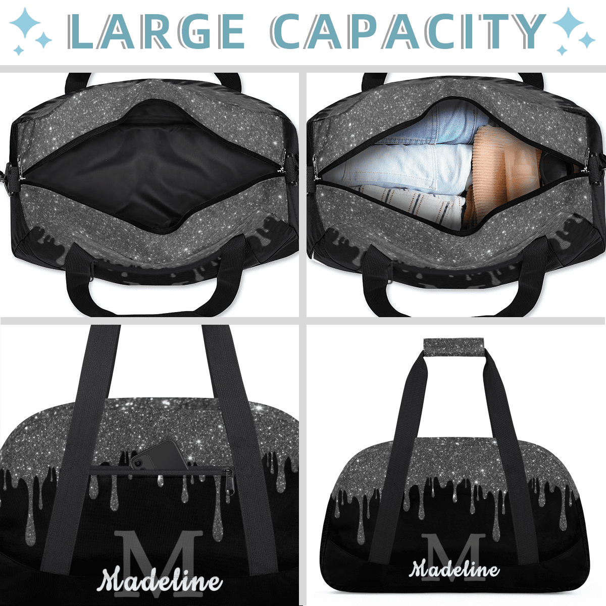 Herdesigns Personalized Sports Duffel Bag with Name Custom Weekender Overnight Bag Gym Bag Travel Dance Gymnastics Duffel Bag, Black
