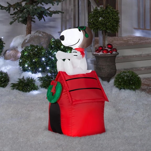 42" Airblown® Inflatable Peanuts® Christmas Snoopy Flying Ace on Doghouse Outdoor Yard Decoration